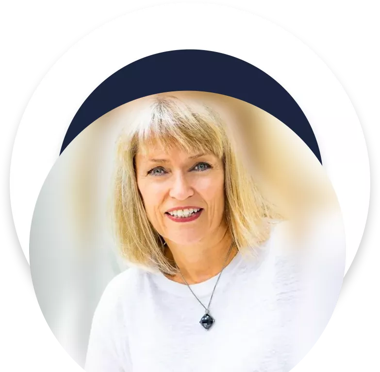 A woman with blonde hair and wearing white shirt.