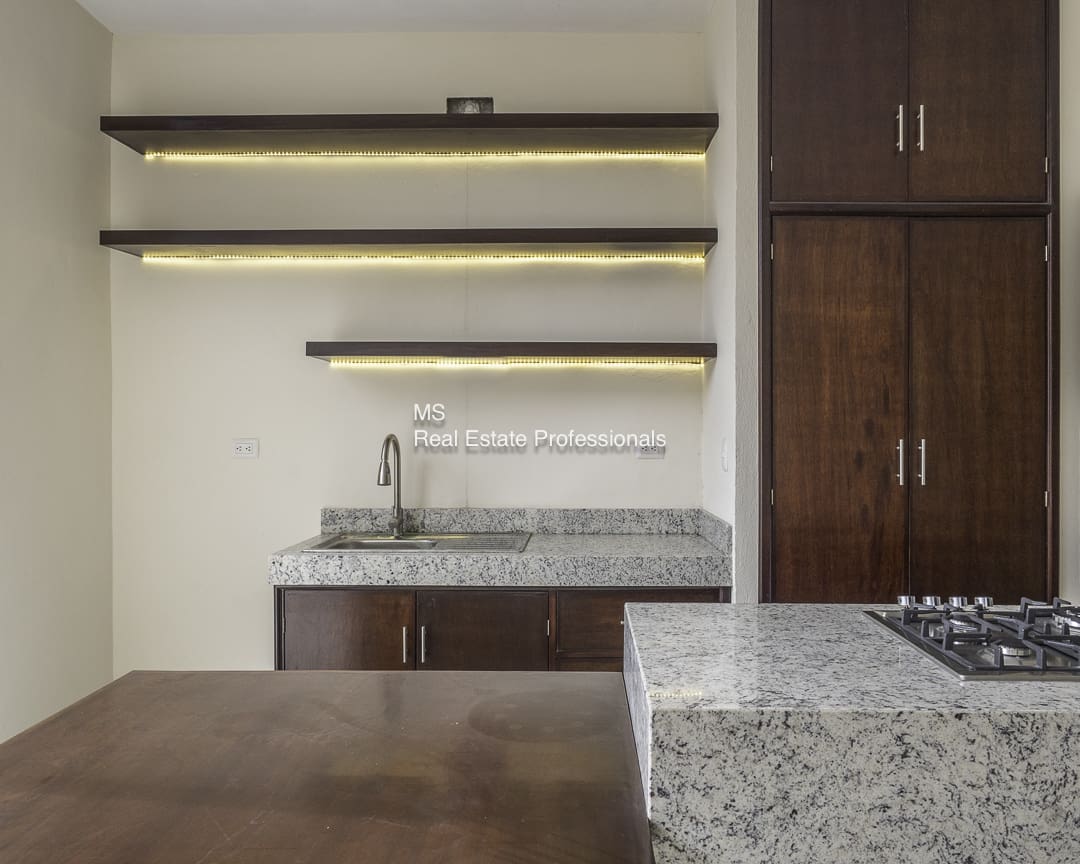 Modern kitchen with sleek wooden cabinets and granite countertops.