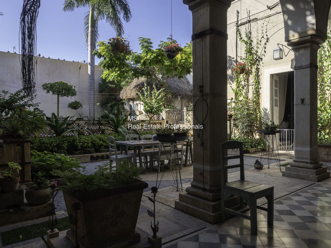 A serene courtyard with stone columns and lush green plants under a clear sky.