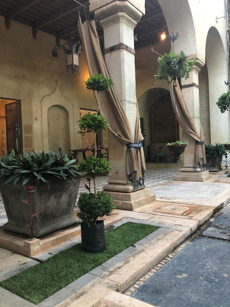 A quaint stone courtyard with plants and arched doorways.
