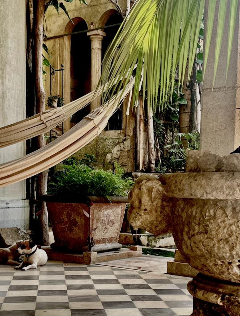 Rustic patio with a hammock and large stone planter.