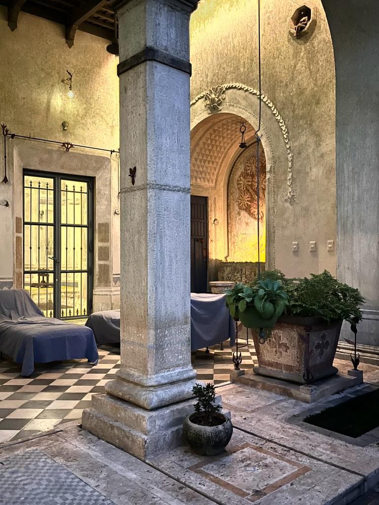 Historic courtyard with stone columns and potted plants.