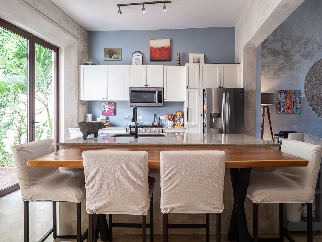 Modern kitchen island with seating.