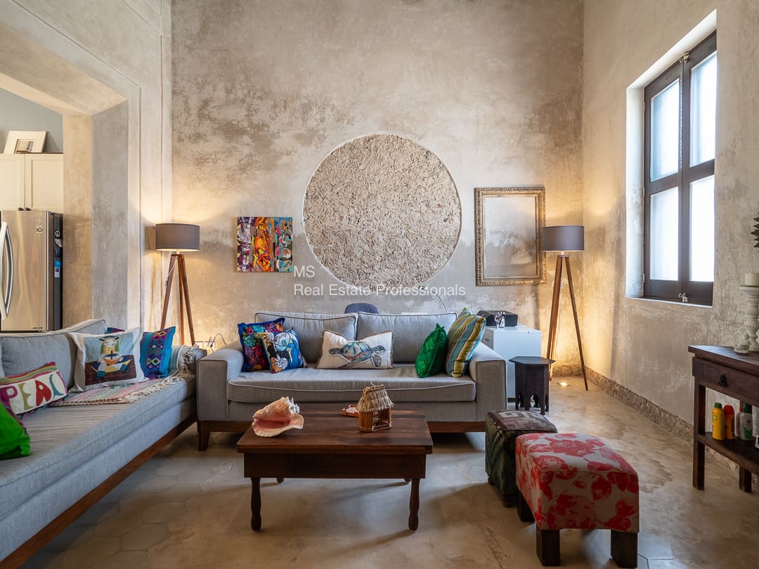 Cozy living room with eclectic decor.