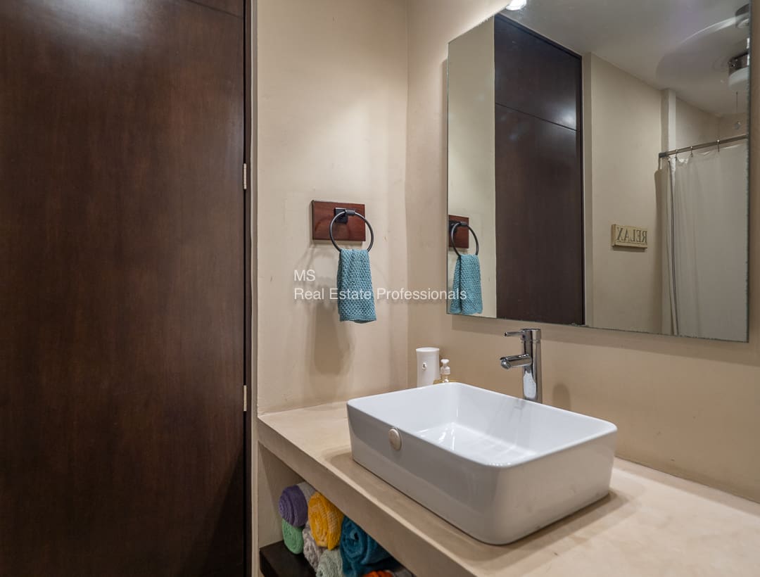 Modern bathroom sink and vanity.