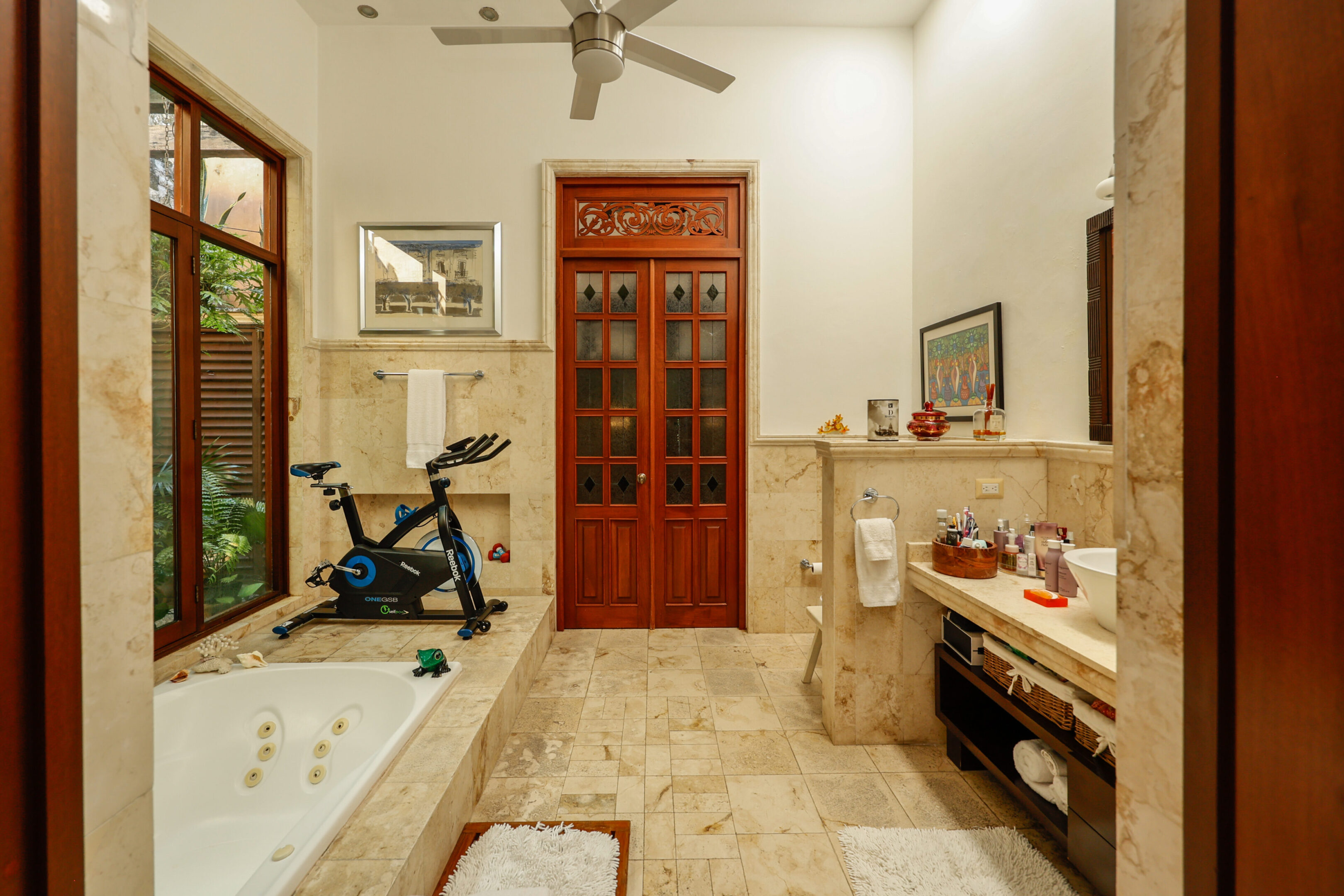 Luxury bathroom with exercise bike and jacuzzi.