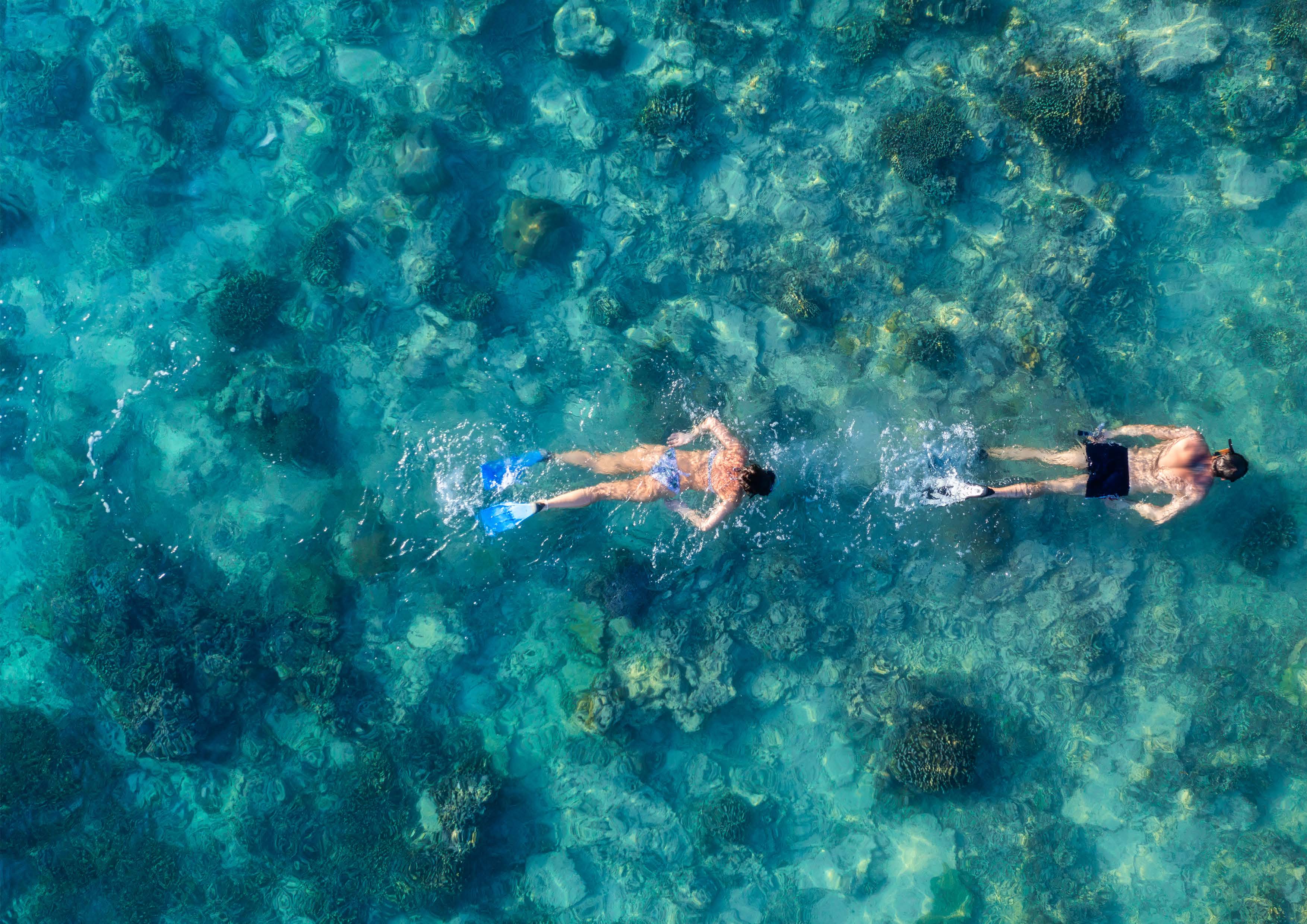 Two people snorkeling over clear turquoise water with coral reefs.