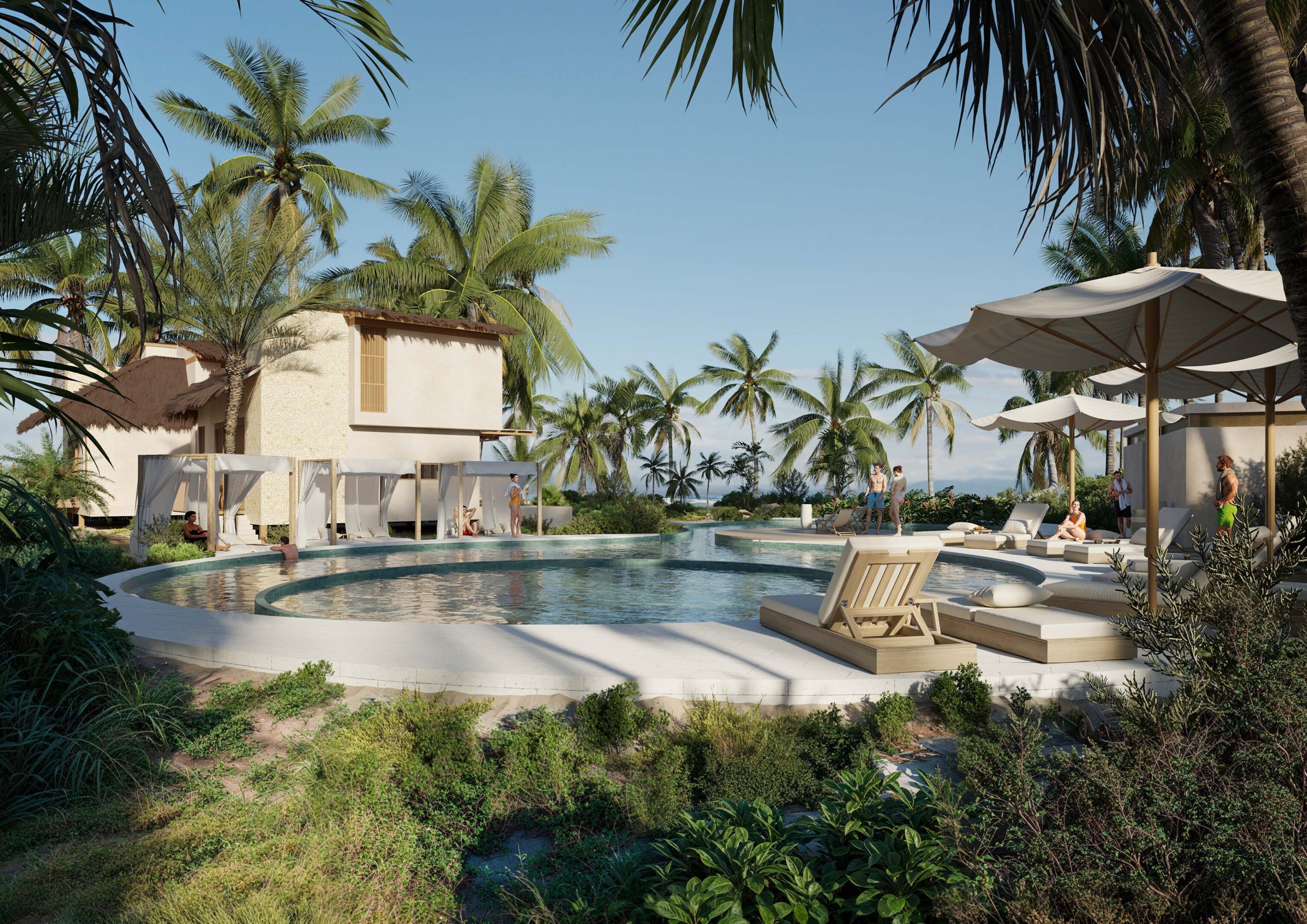 A serene outdoor pool surrounded by palm trees and lounge chairs under a clear blue sky.