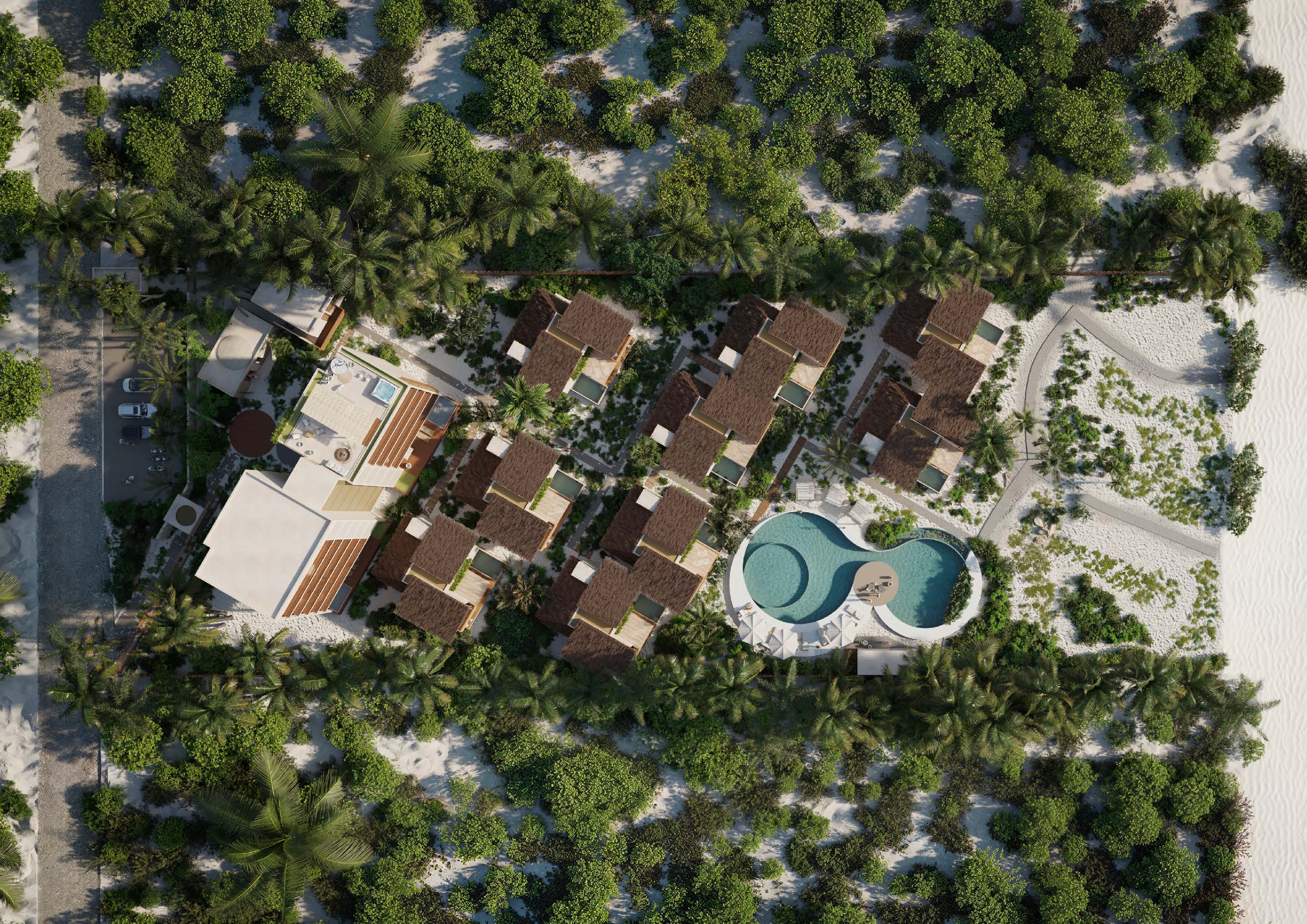 Aerial view of houses with lush greenery and circular swimming pools.