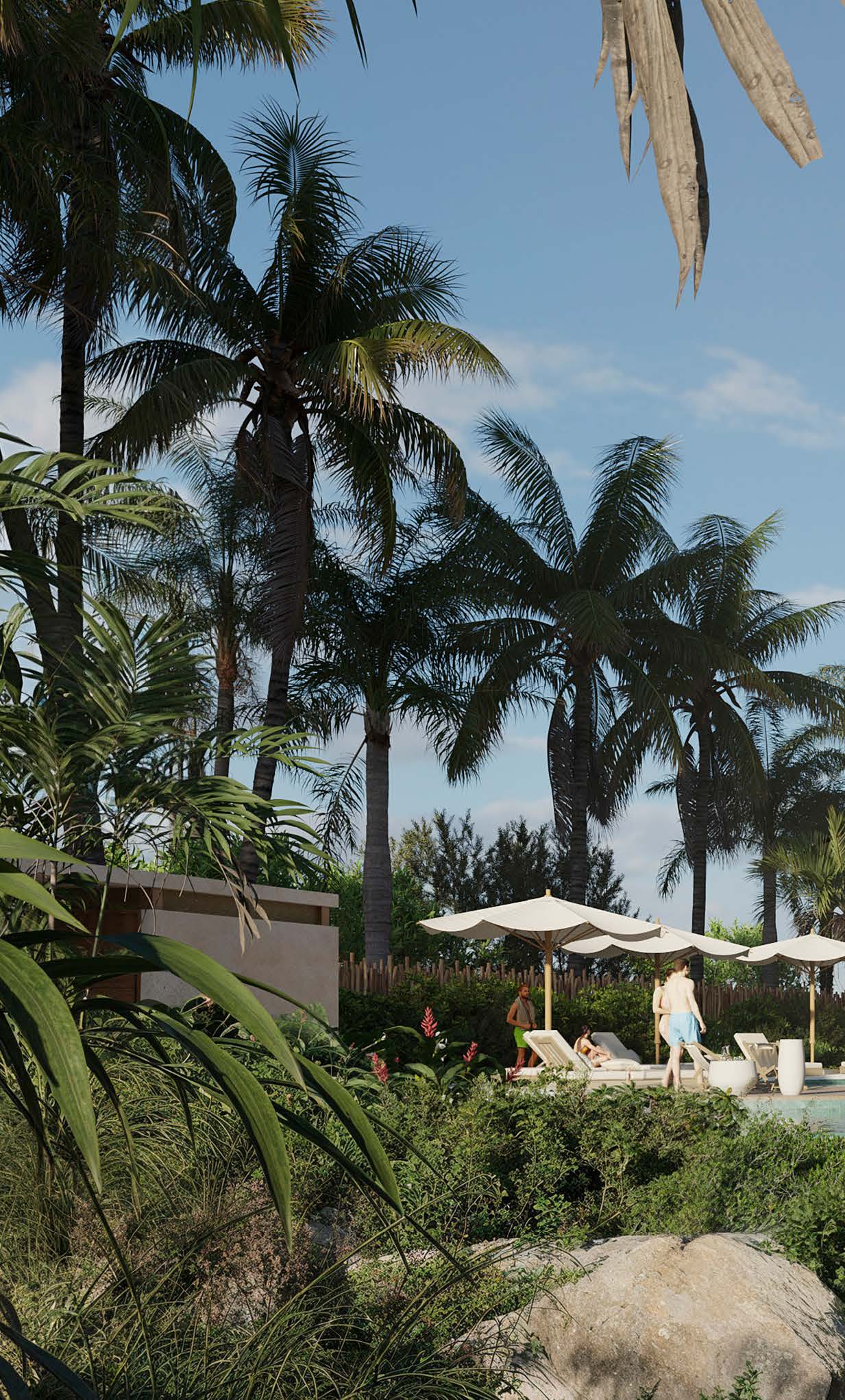 Tropical resort with palm trees and sun umbrellas near the pool.