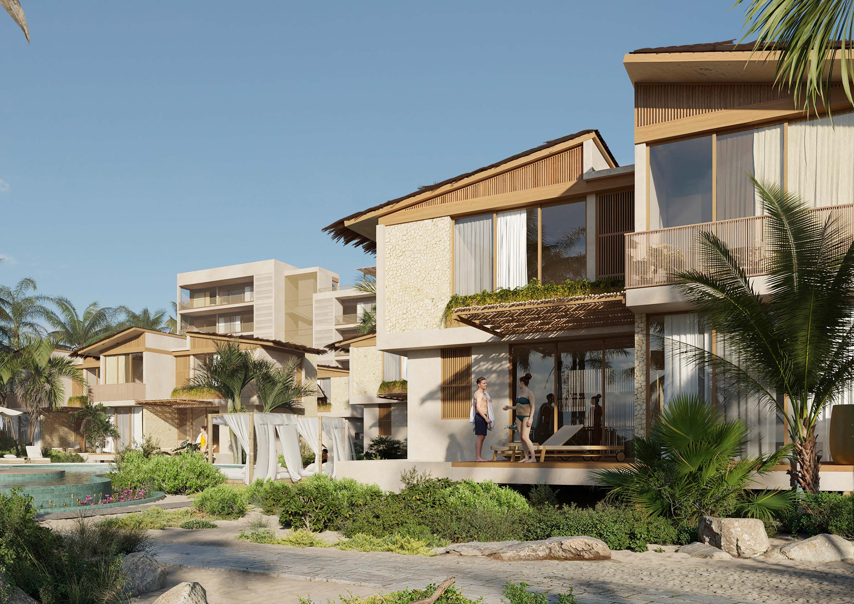 A row of modern beach houses with balconies and greenery.