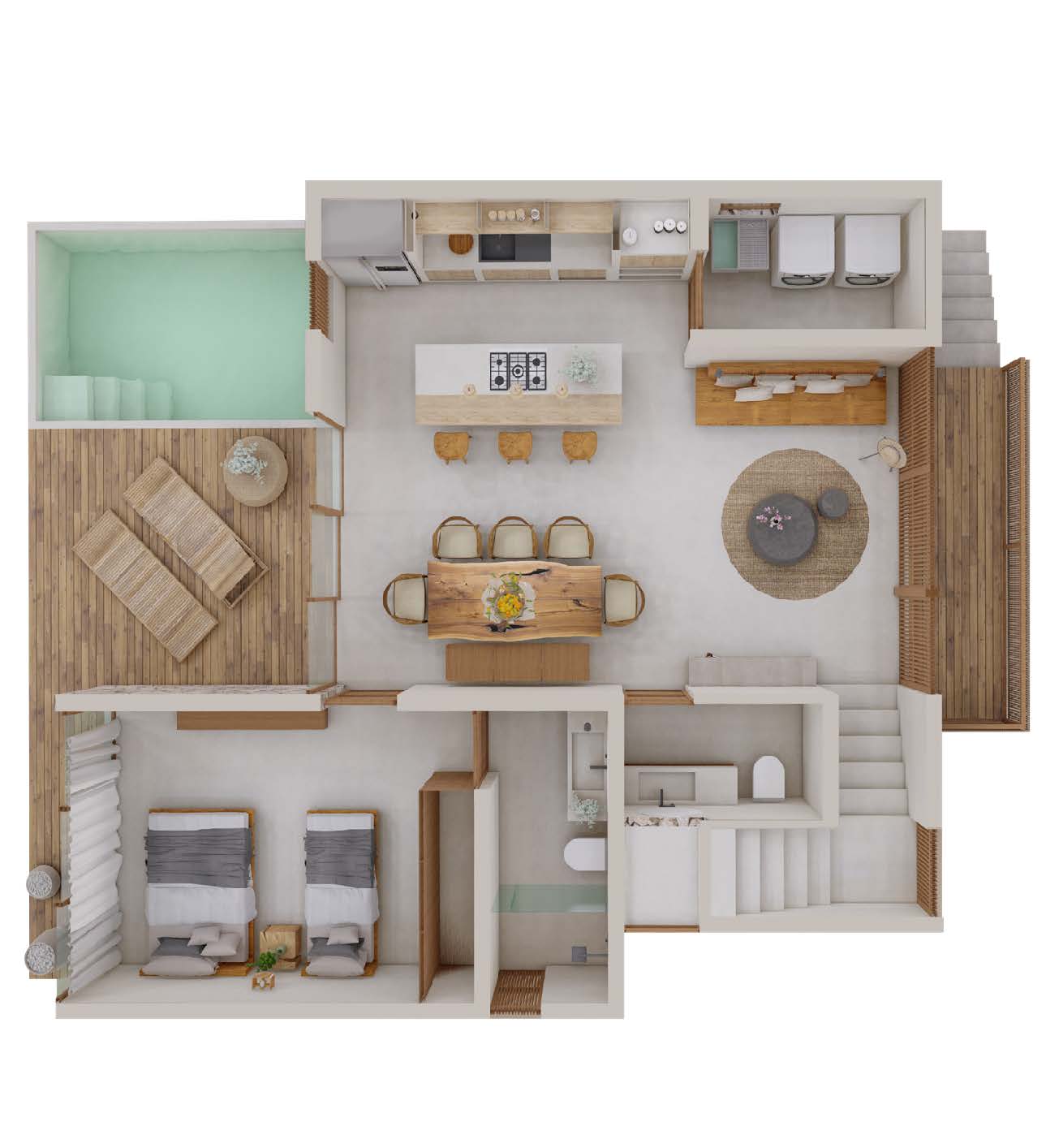 Top-down view of a modern apartment layout with living, dining, kitchen, and bedroom areas.