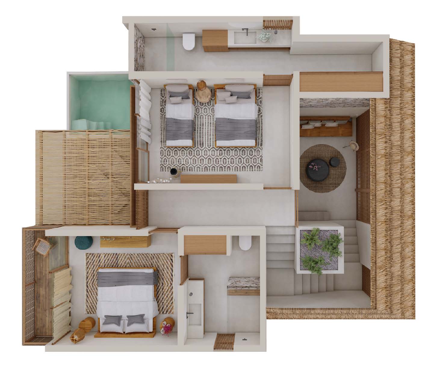 Top-down view of a modern apartment floor plan with two bedrooms.