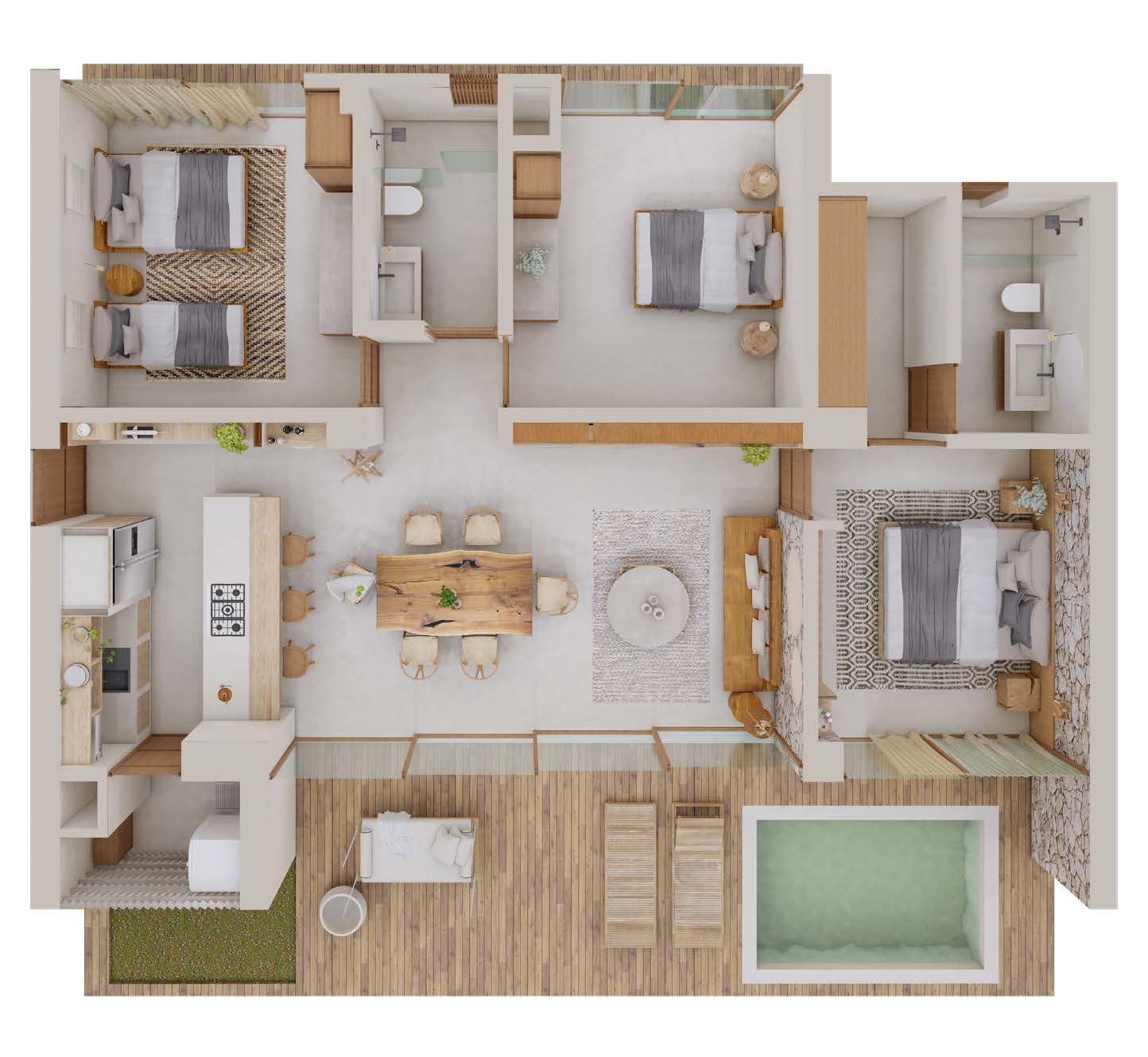 Top-down view of a modern three-bedroom house layout with a pool.