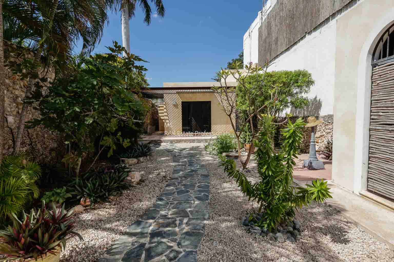 Pathway leading to a wooden door with greenery on both sides.