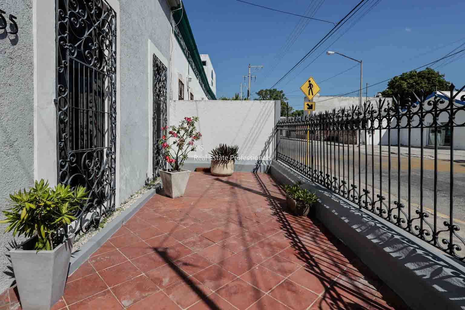 A sunlit outdoor patio with terracotta tiles and potted plants.