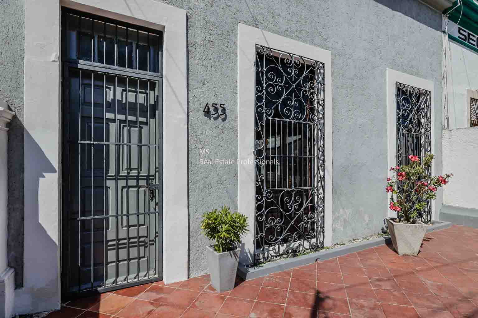 Gray building facade with barred door and window, and a potted plant outside.