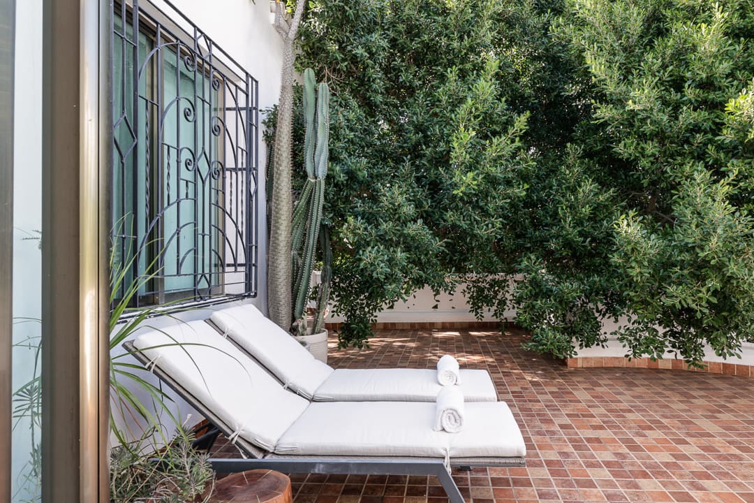 Two white lounge chairs on a brick patio beside a green tree.