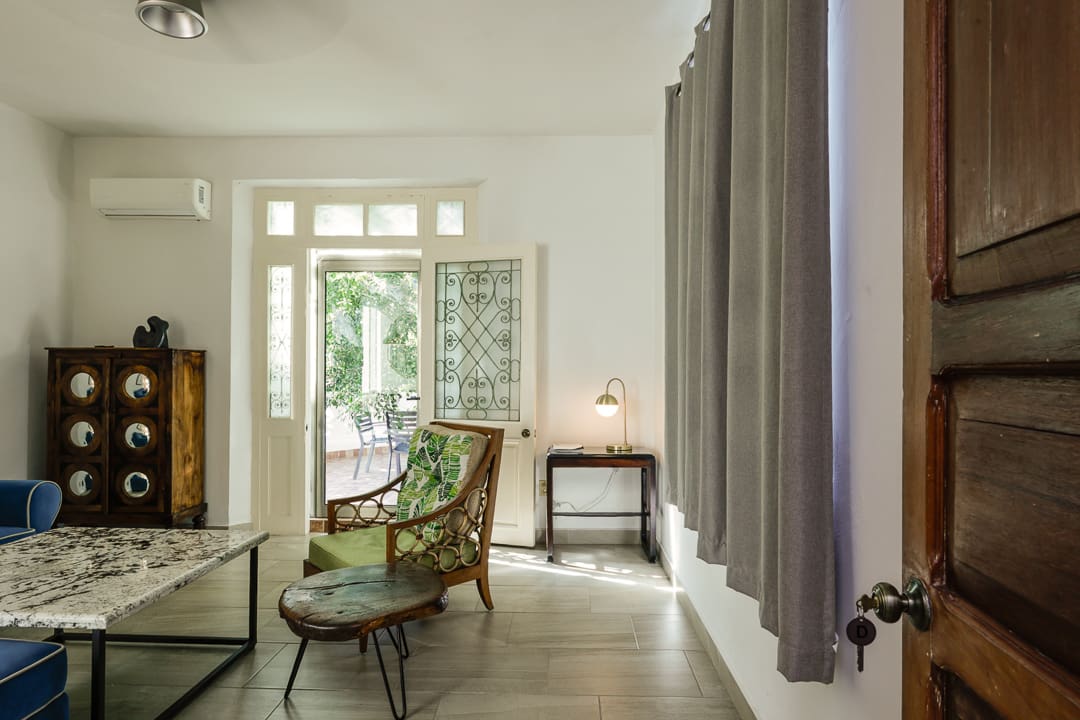 Bright living room with classic armchair and French doors opening to a sunlit garden.