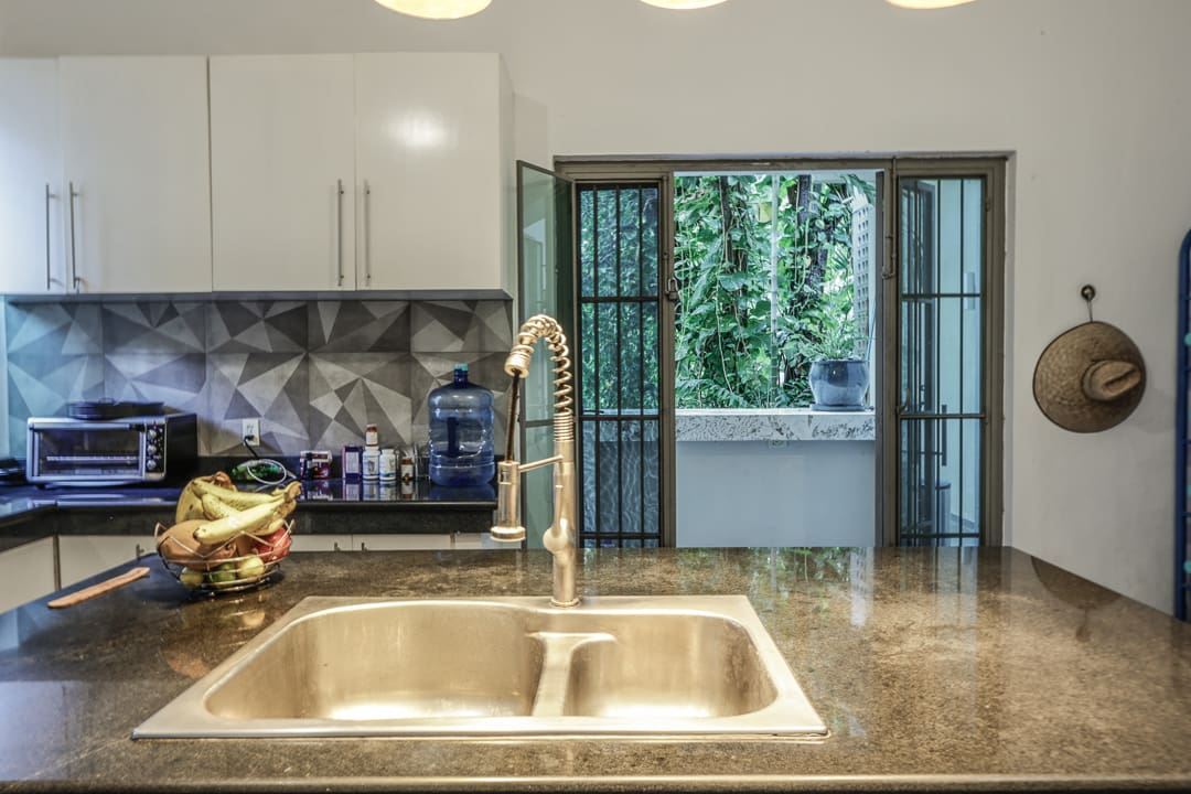 Modern kitchen sink with granite countertop and glass door opening to a green outdoor area.