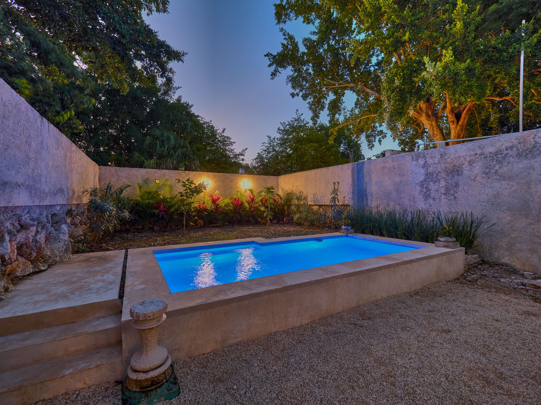 A tranquil backyard pool illuminated at dusk under a tree.