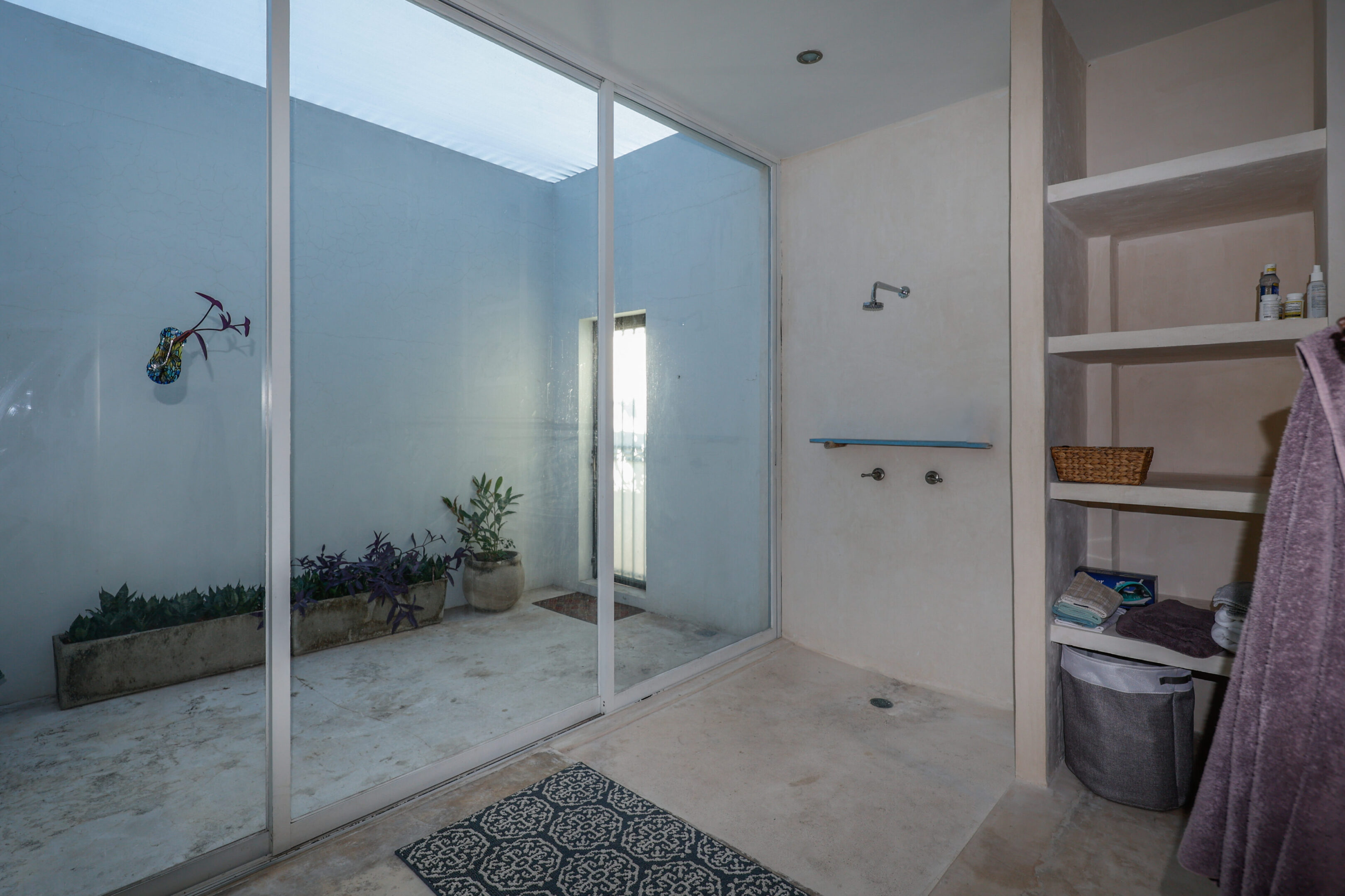 Minimalist bathroom with glass walls and outdoor garden view.