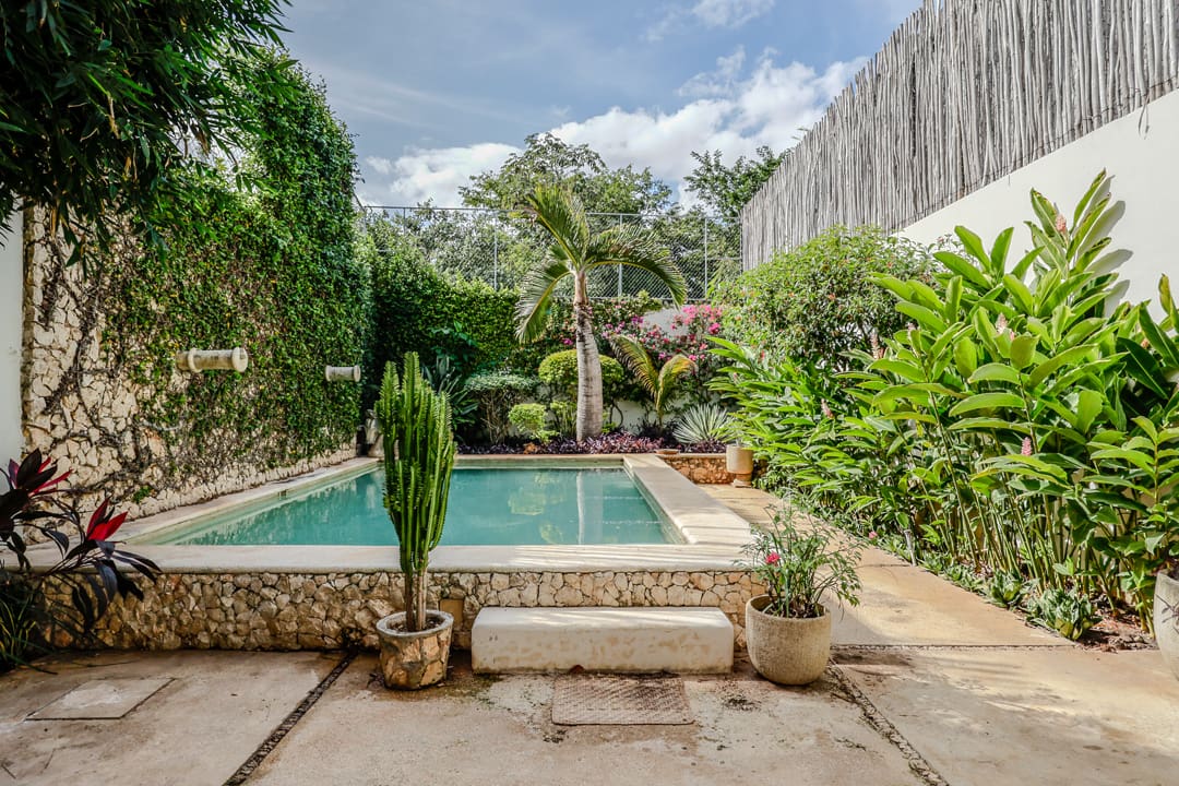 A serene backyard pool surrounded by lush greenery and stone pavement.