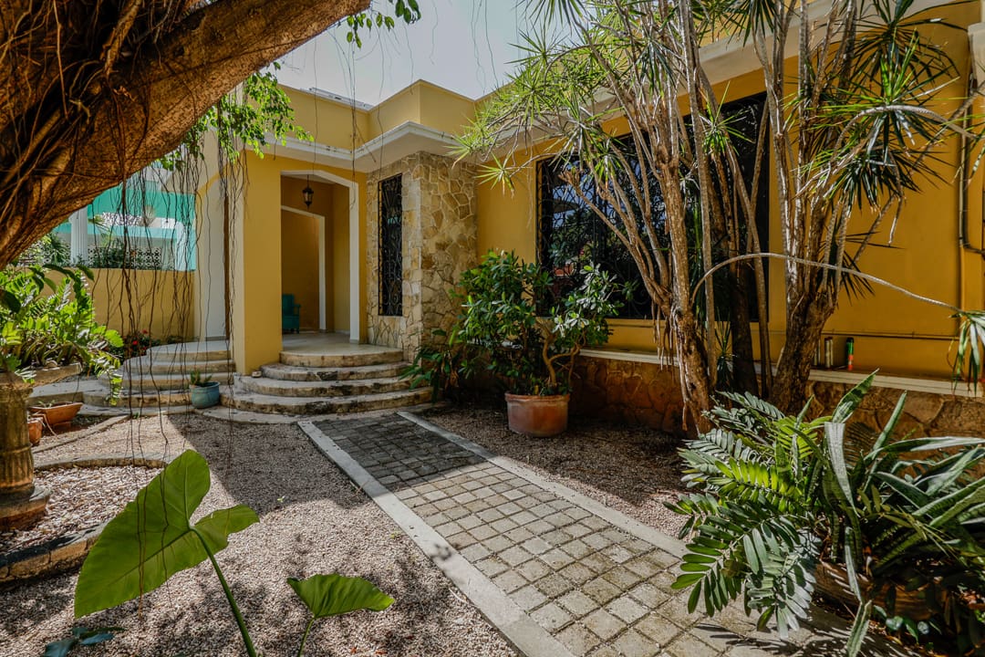 Sunny courtyard with steps leading to a yellow house entrance.