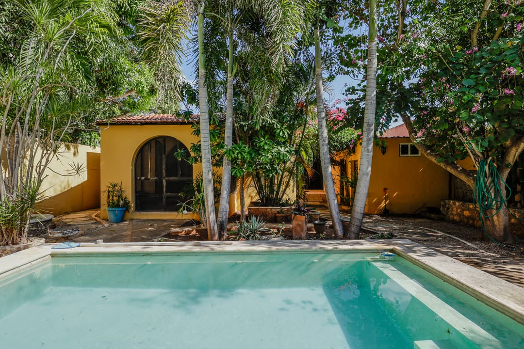 Tranquil backyard with pool and vibrant yellow house surrounded by lush greenery.