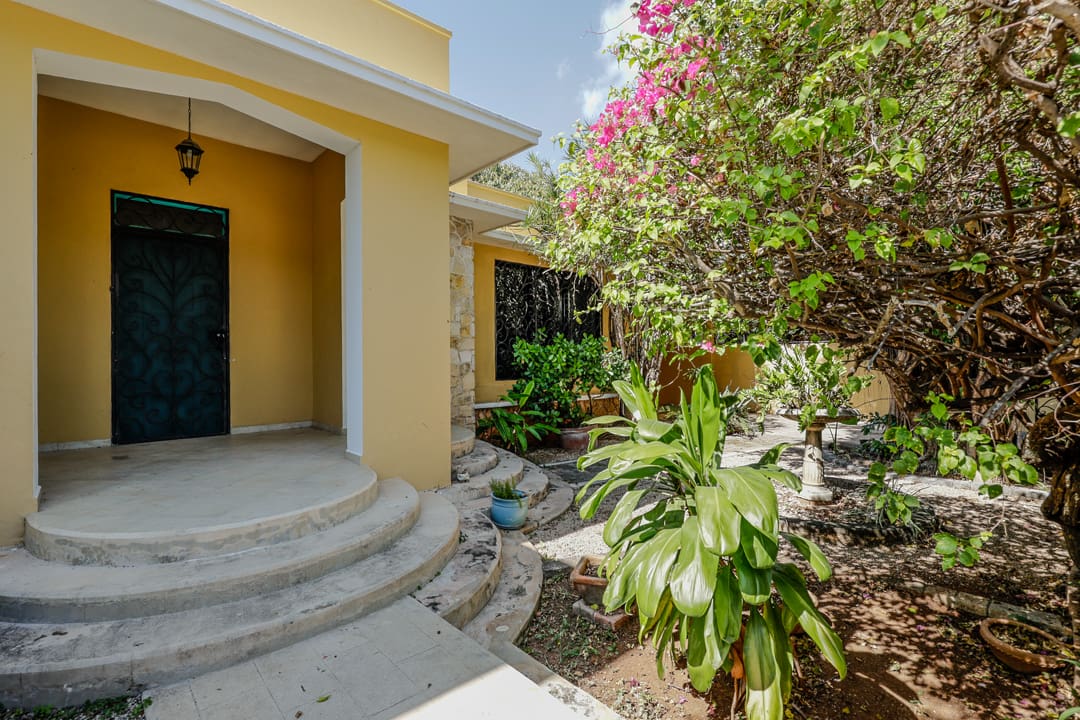 Sunny yellow house entrance with curved steps and lush garden.