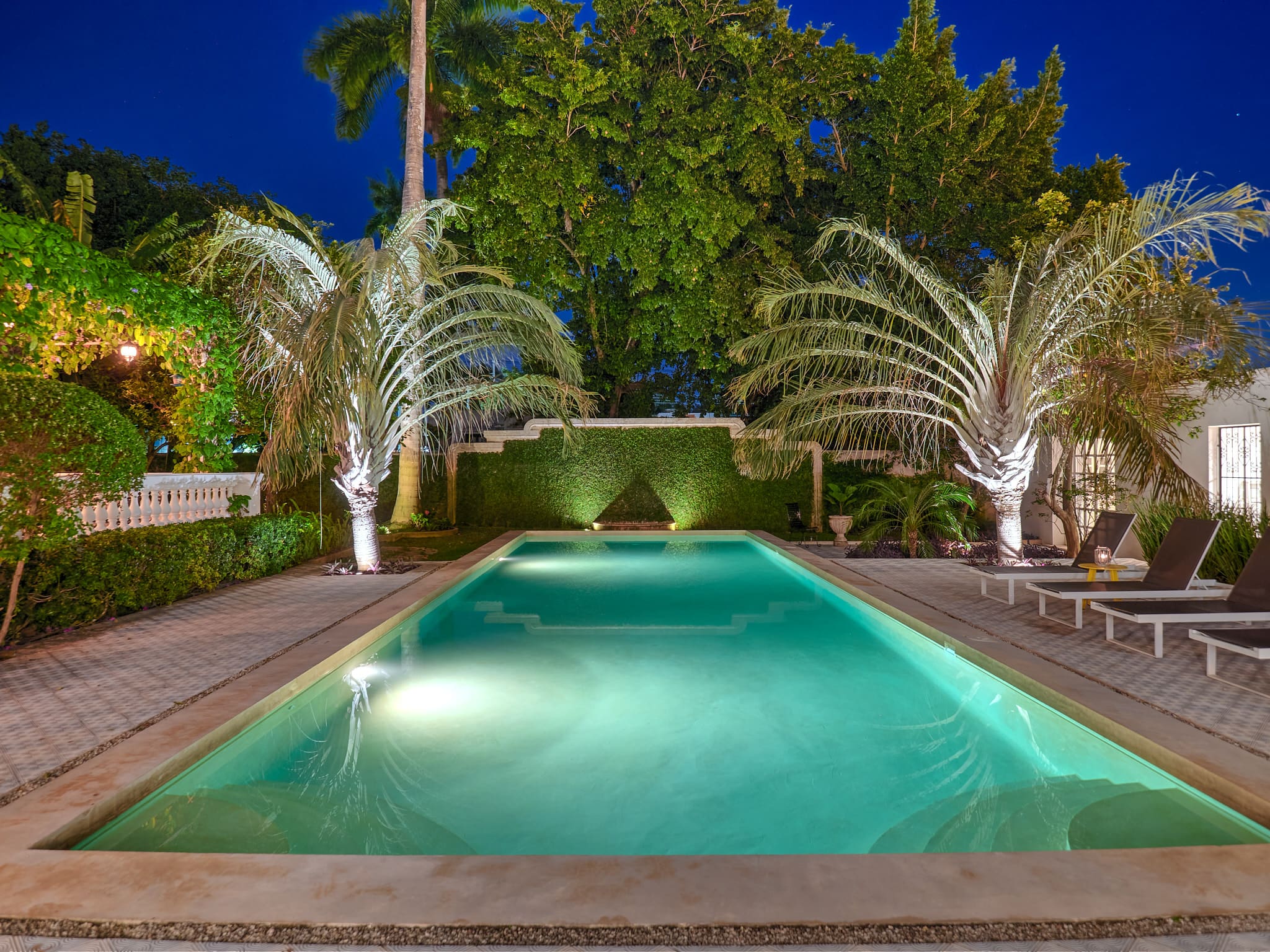 Beautiful nighttime pool area with illuminated palm trees and clear water.