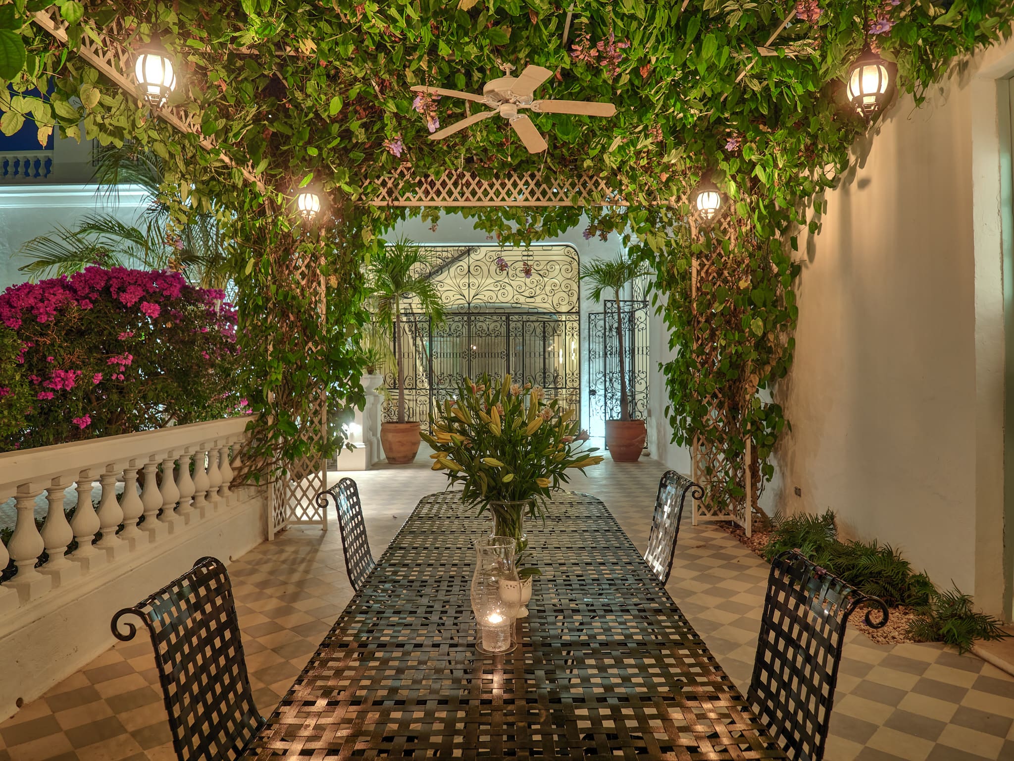 Cozy dining area with lush greenery and warm lighting.
