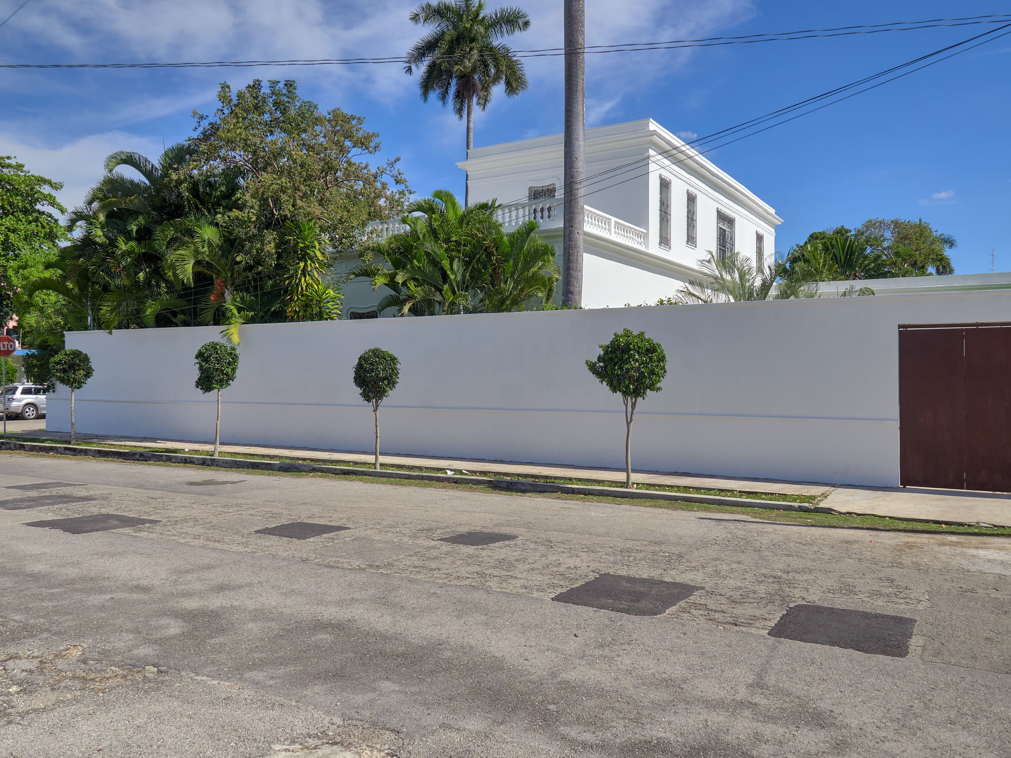 White building behind a tall white wall with small round trees along the sidewalk.