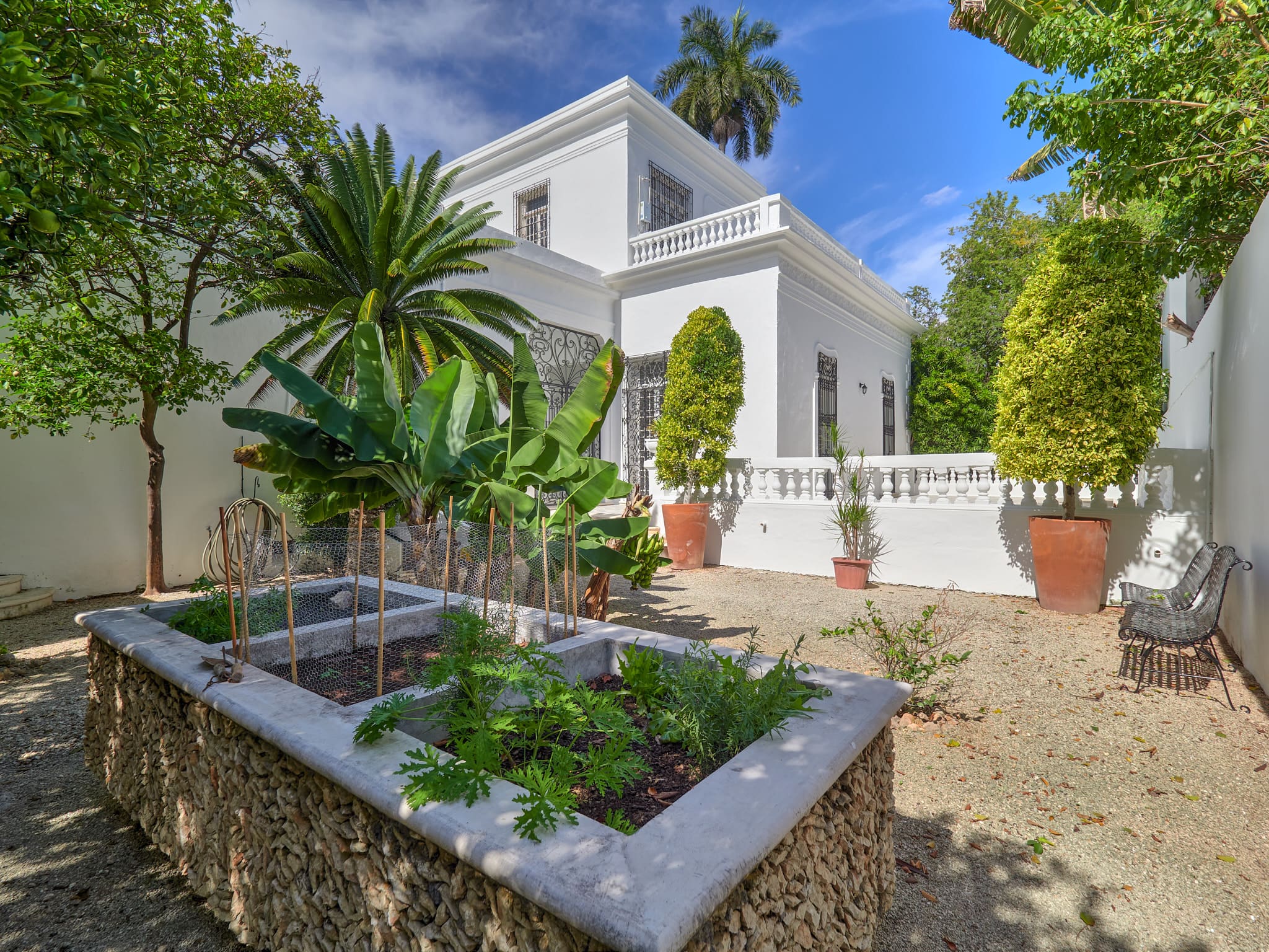 Elegant white villa surrounded by lush greenery and a sunny garden.