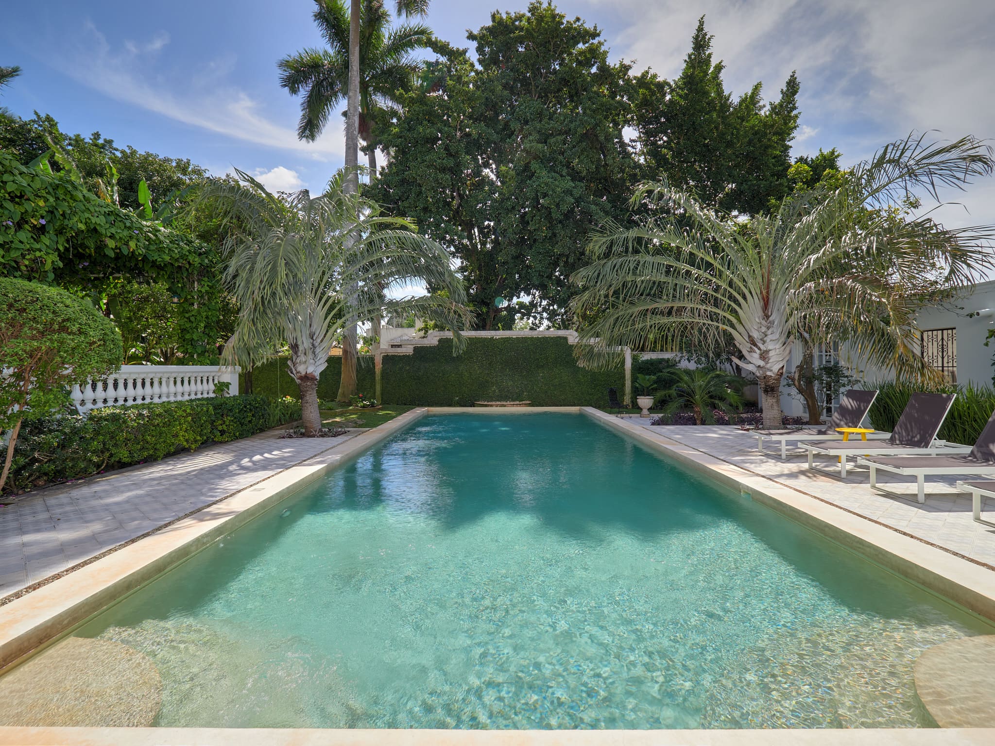 A serene backyard pool surrounded by lush greenery and white loungers.