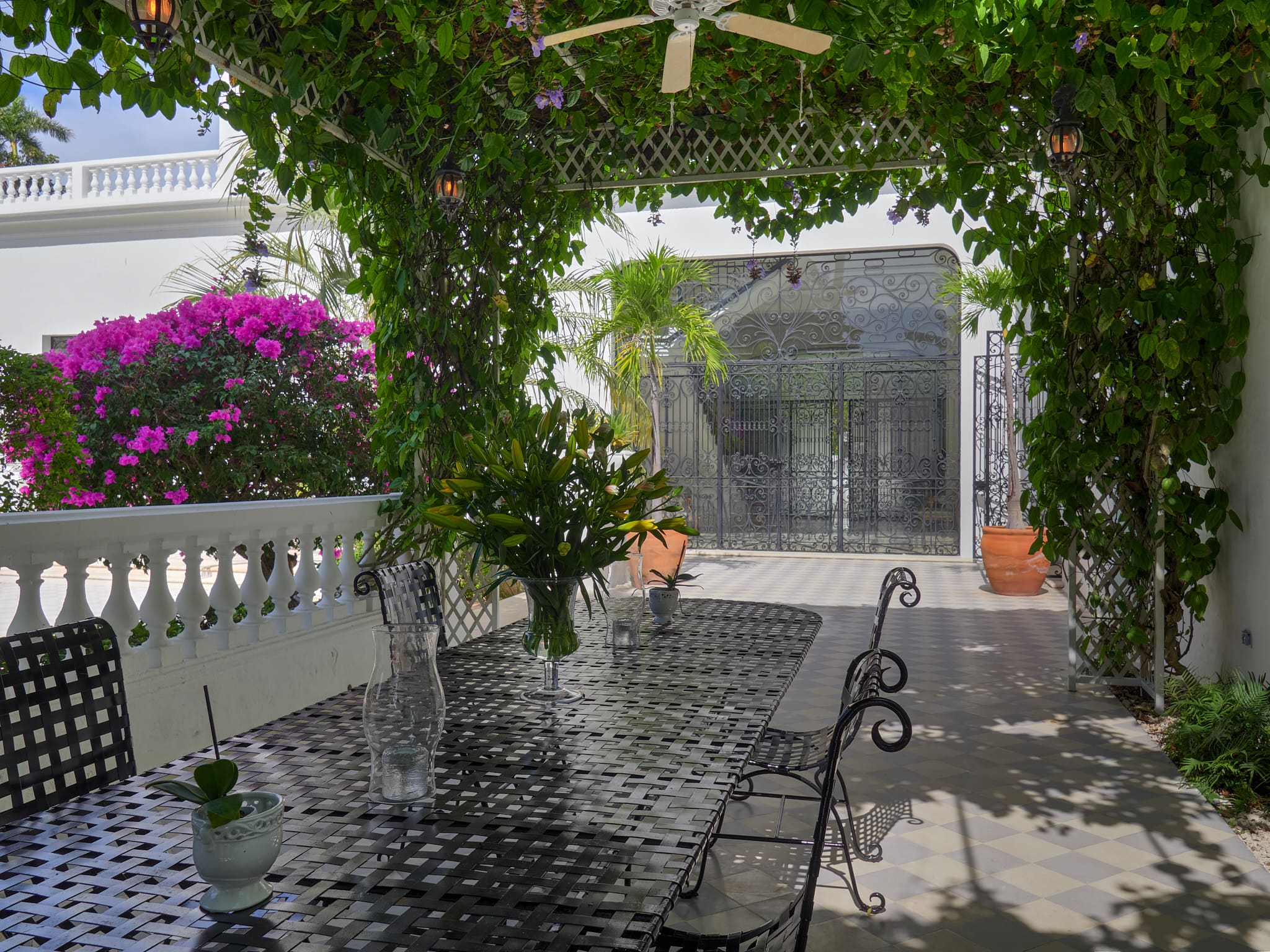 A peaceful courtyard with a black bench under a leafy arch and vibrant flowers.