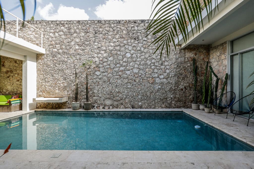 A serene private pool with stone wall and palm tree.