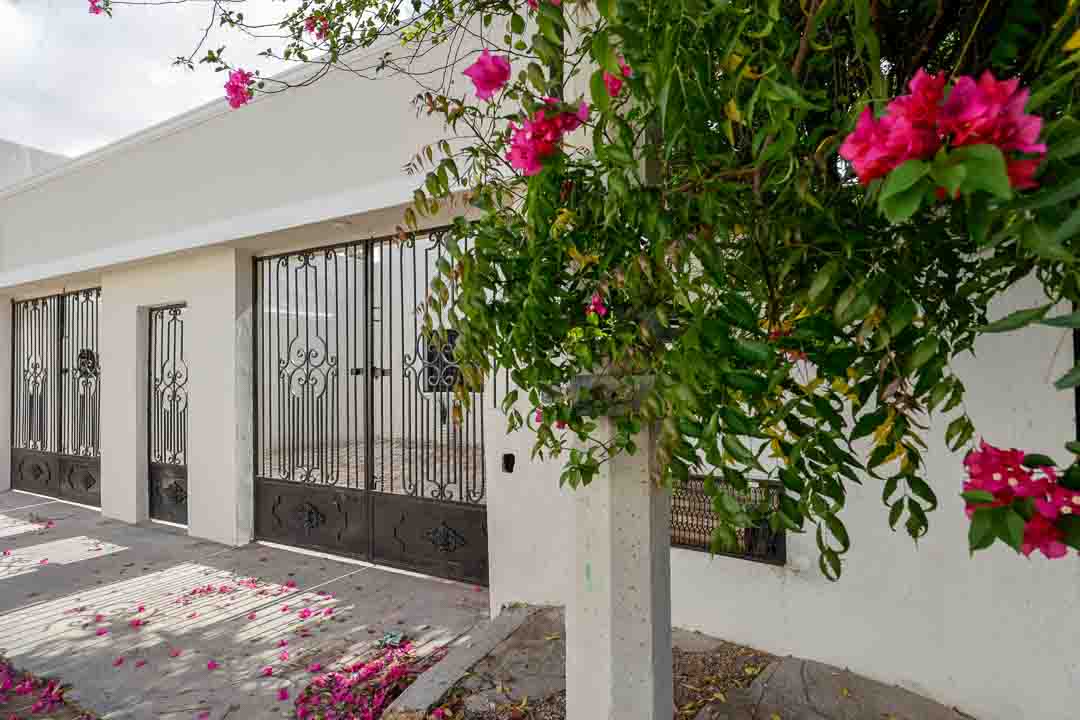 White house entrance with iron gate and blooming pink flowers.