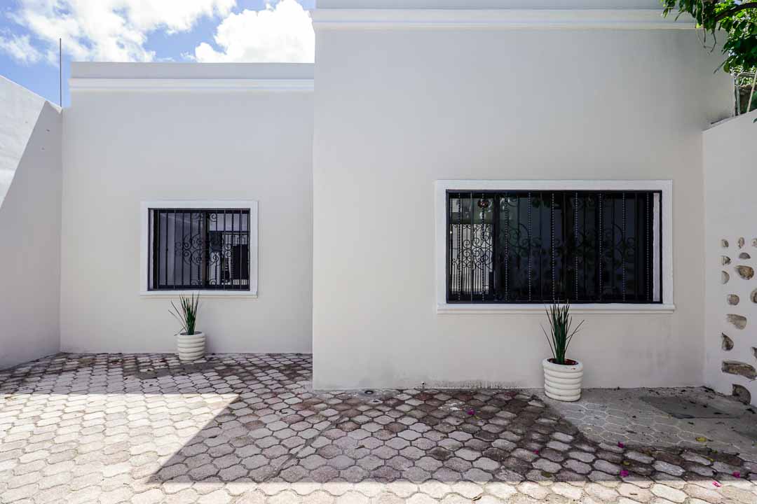 Modern white building facade with two large windows and potted plants.