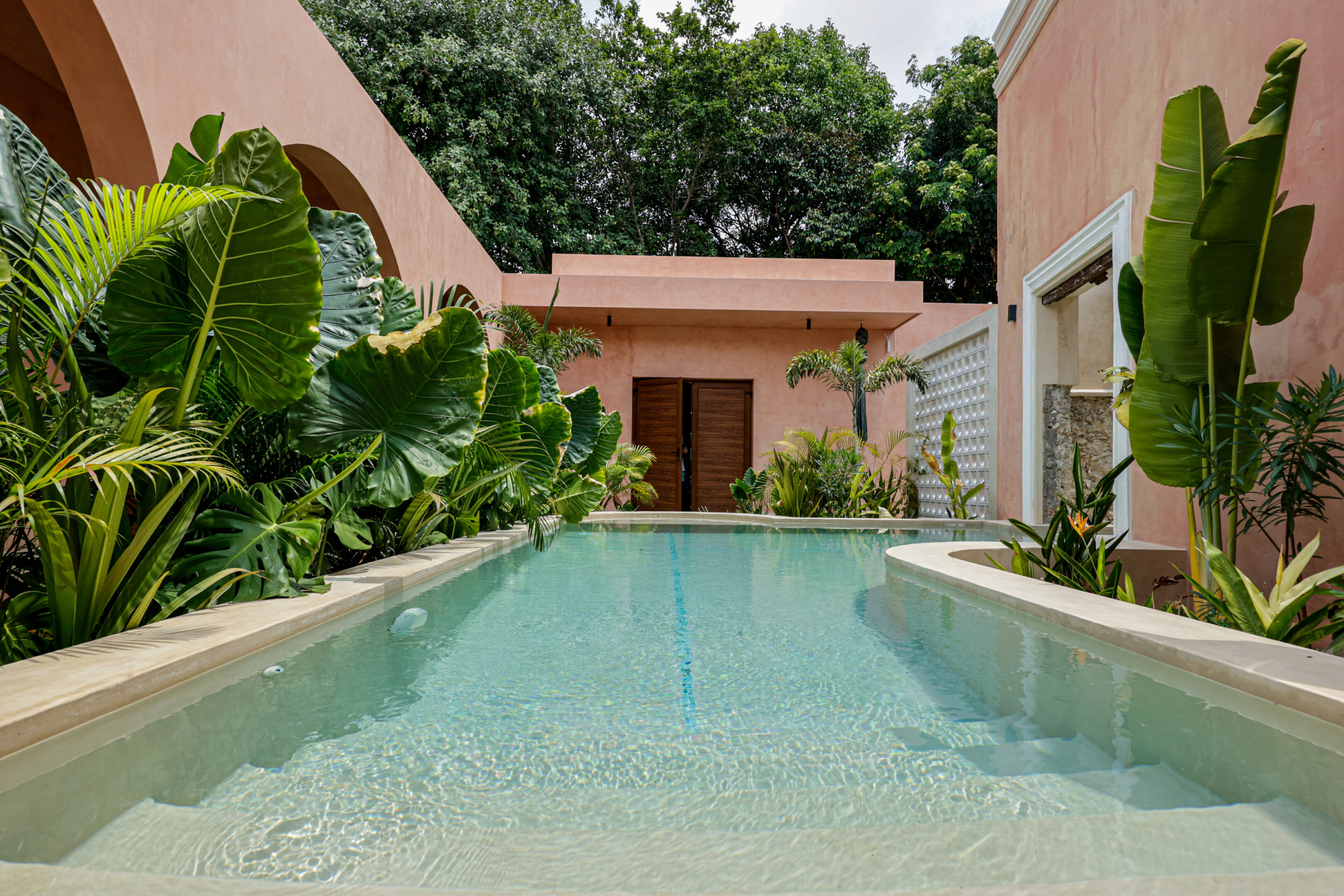 A serene backyard pool surrounded by lush greenery and modern architecture.