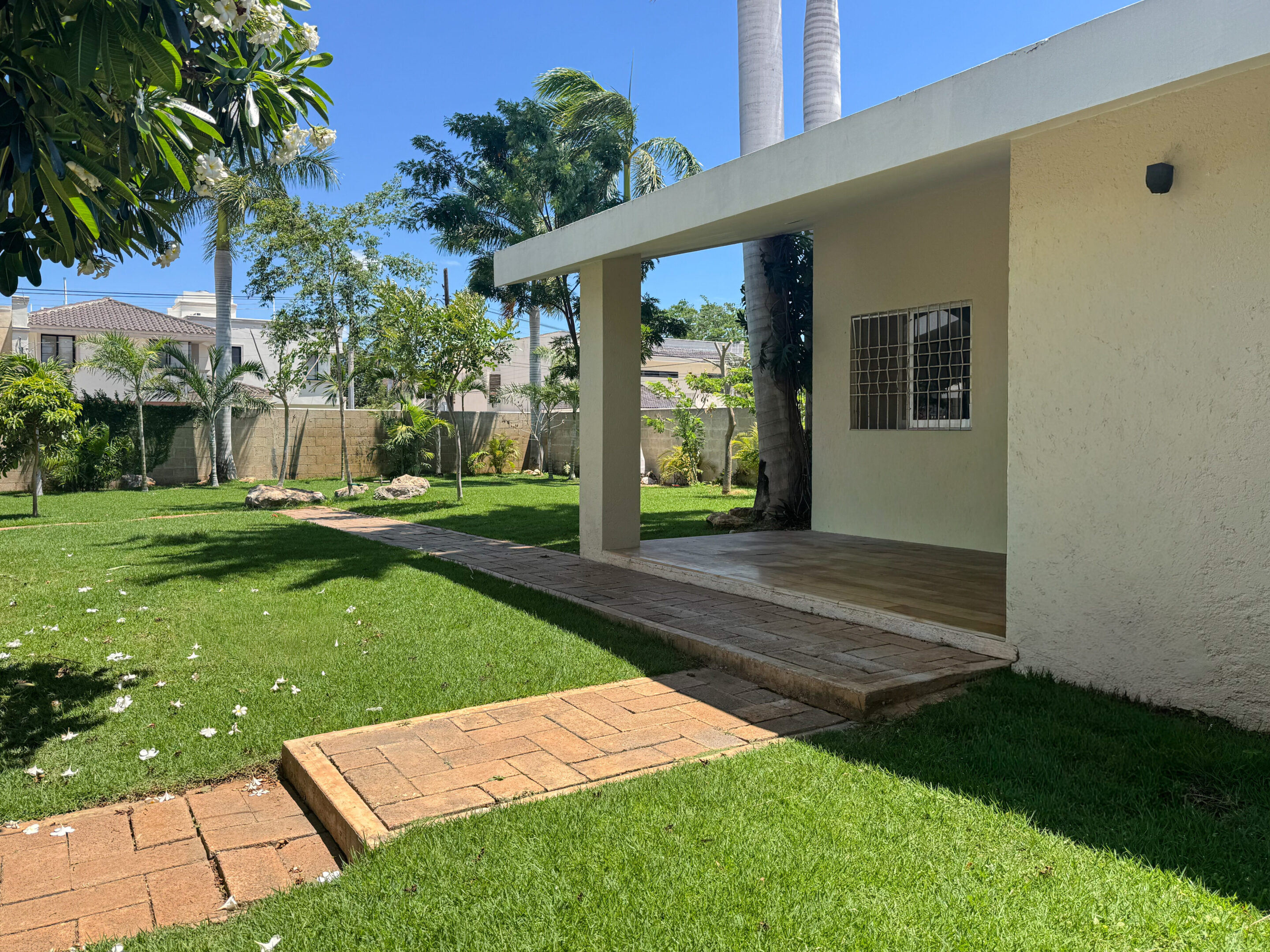 Sunny backyard with green lawn and patio area.
