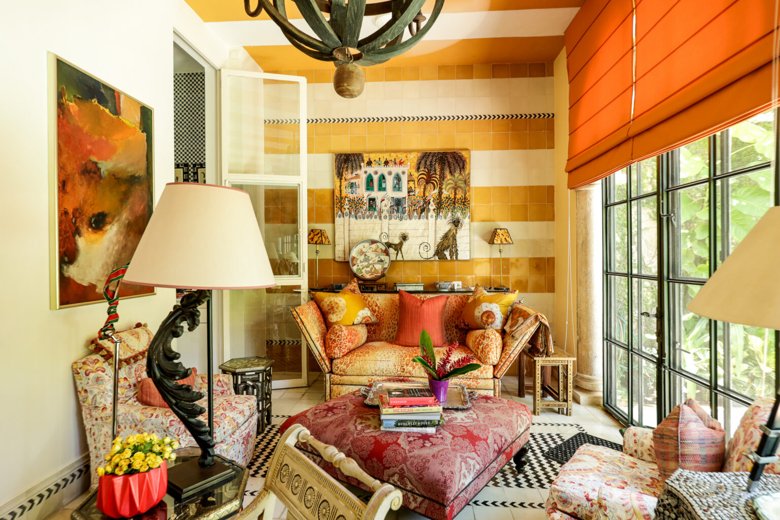 Colorful eclectic living room with orange blinds
