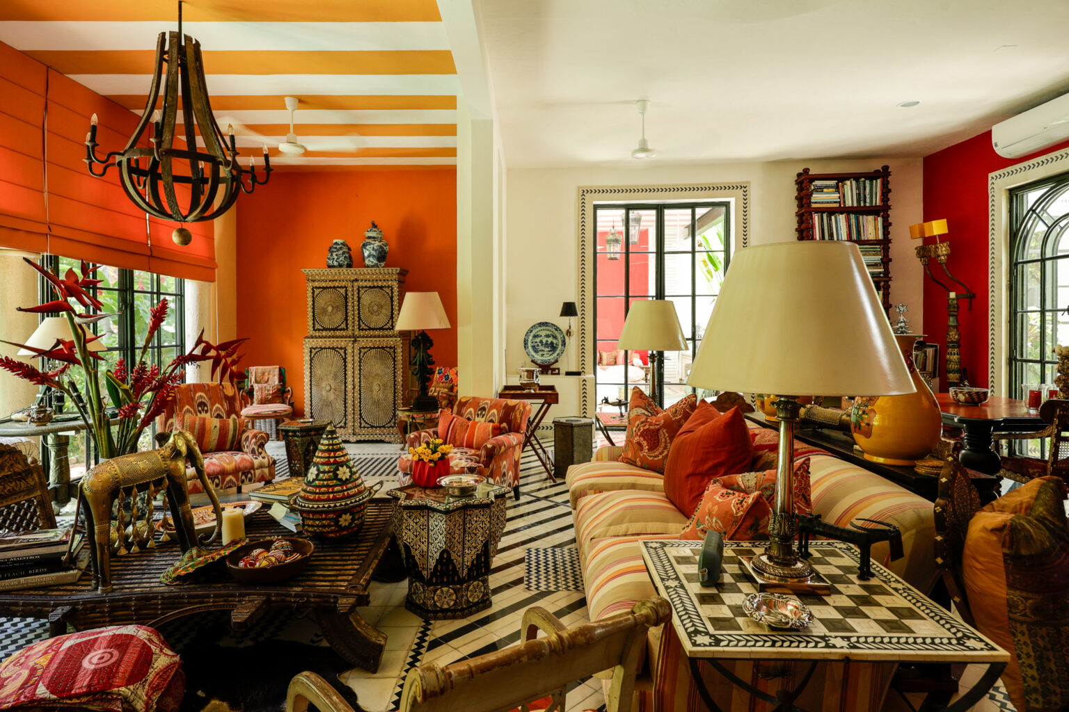 Colorful eclectic living room with patterned furniture