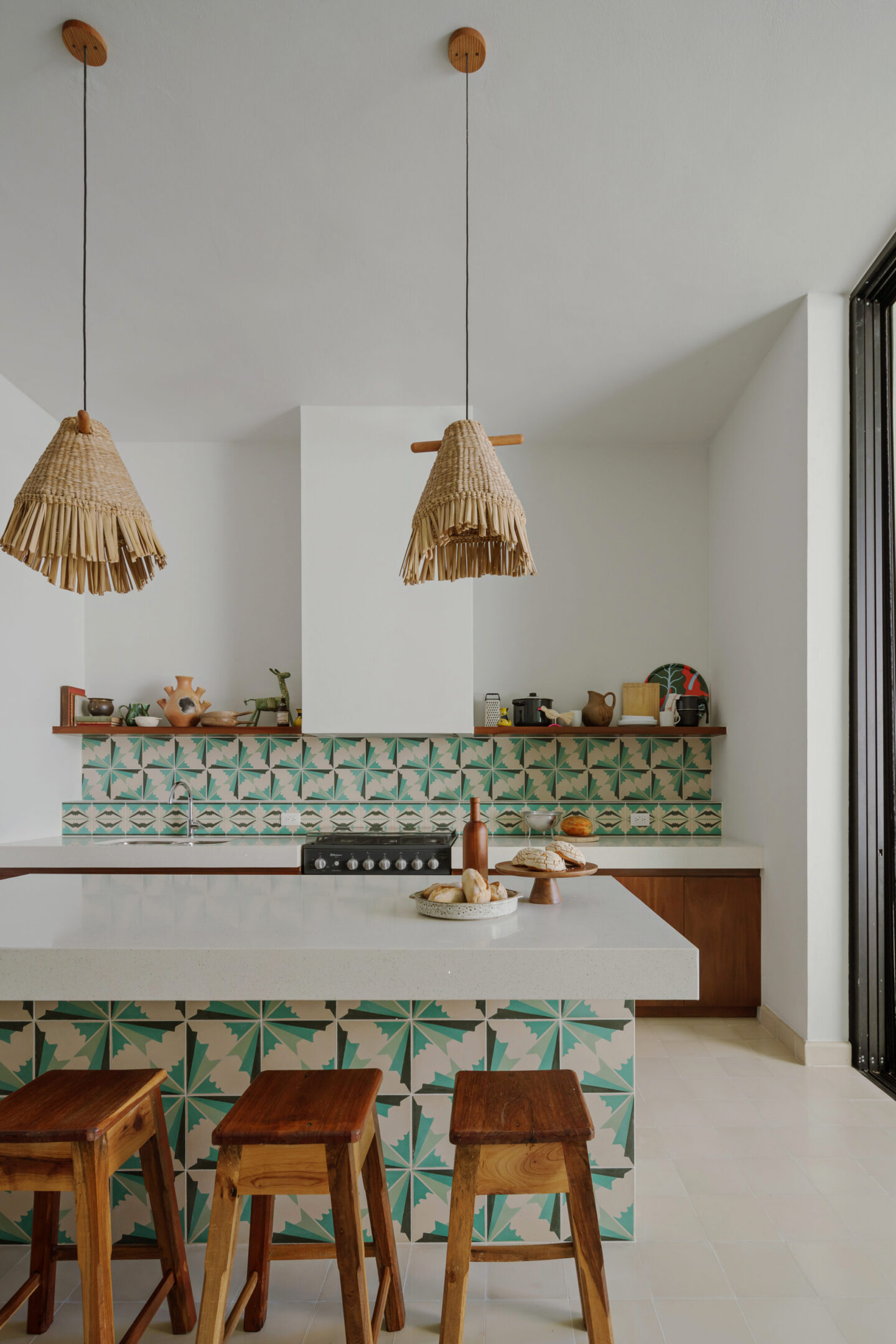Modern kitchen with patterned tile island