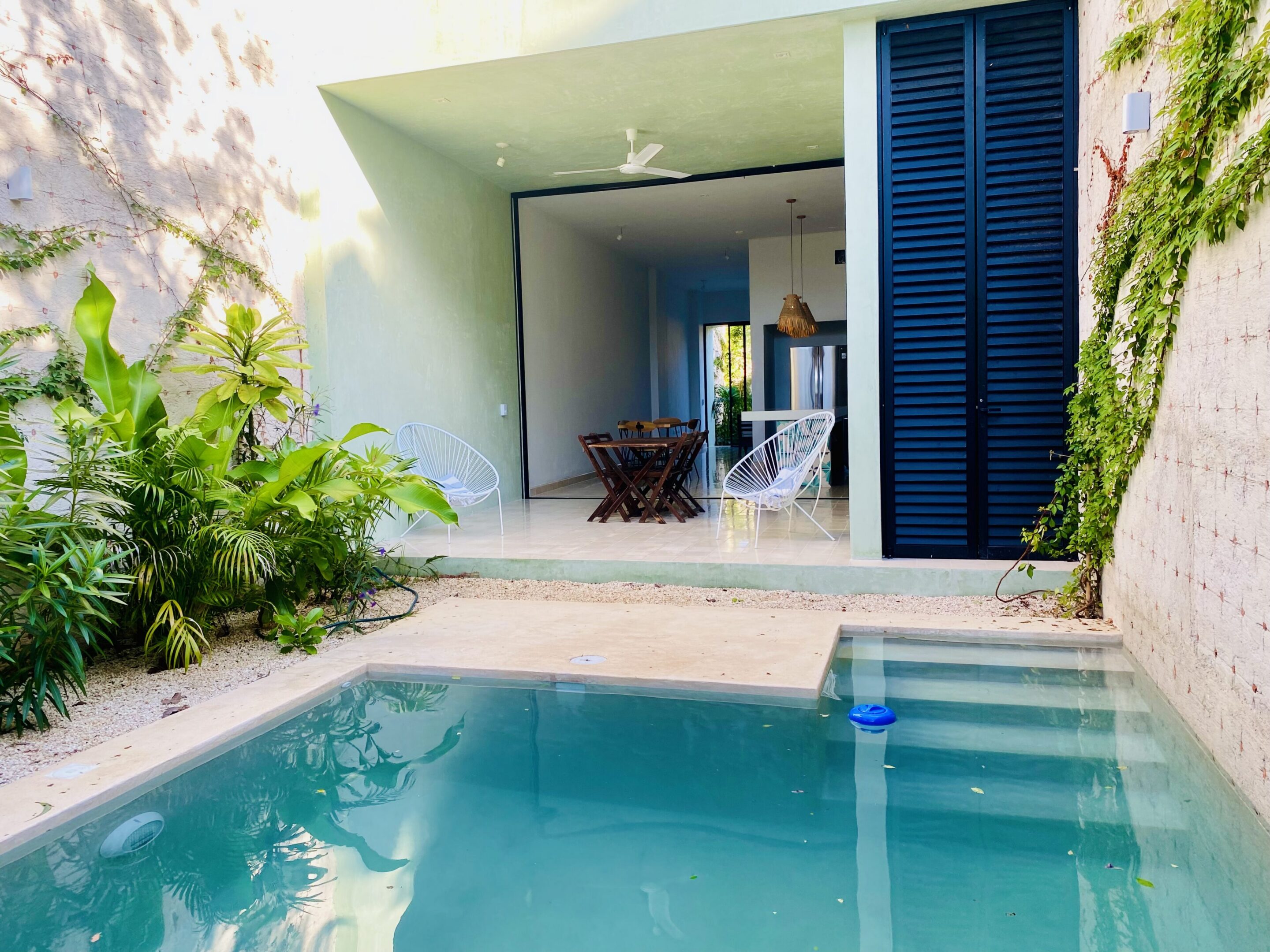 Modern patio with small pool and plants