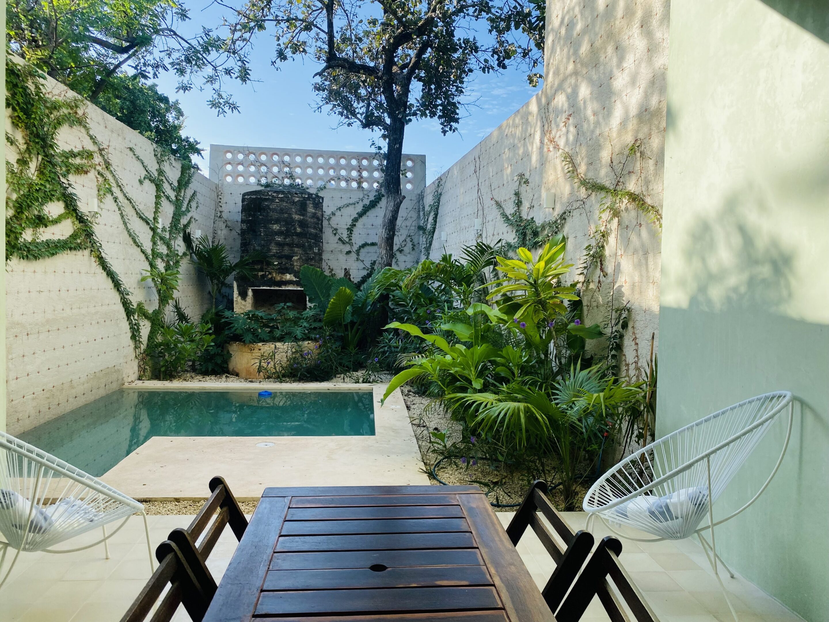 Tropical courtyard with plunge pool and seating