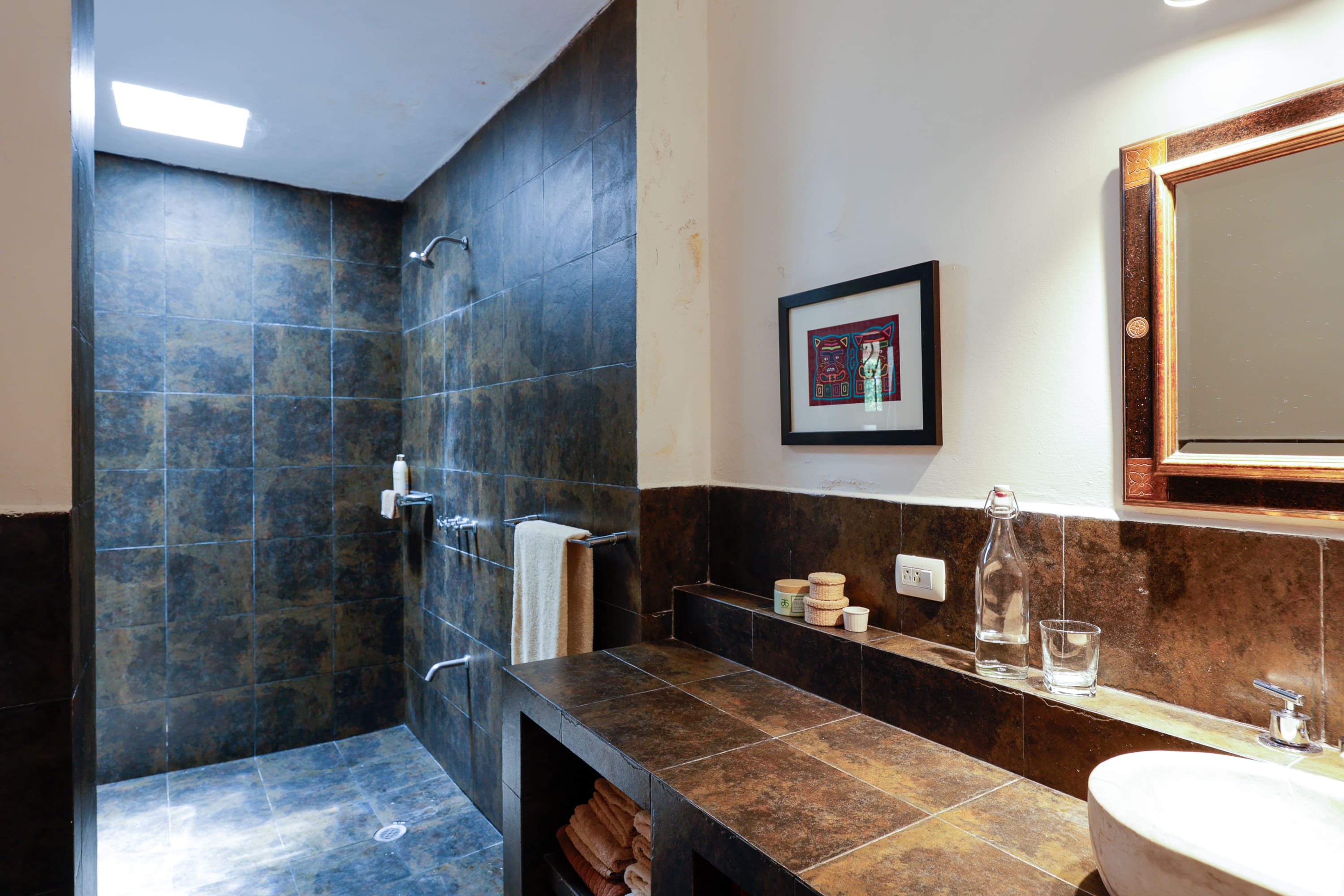 Modern bathroom with walk-in dark tile shower