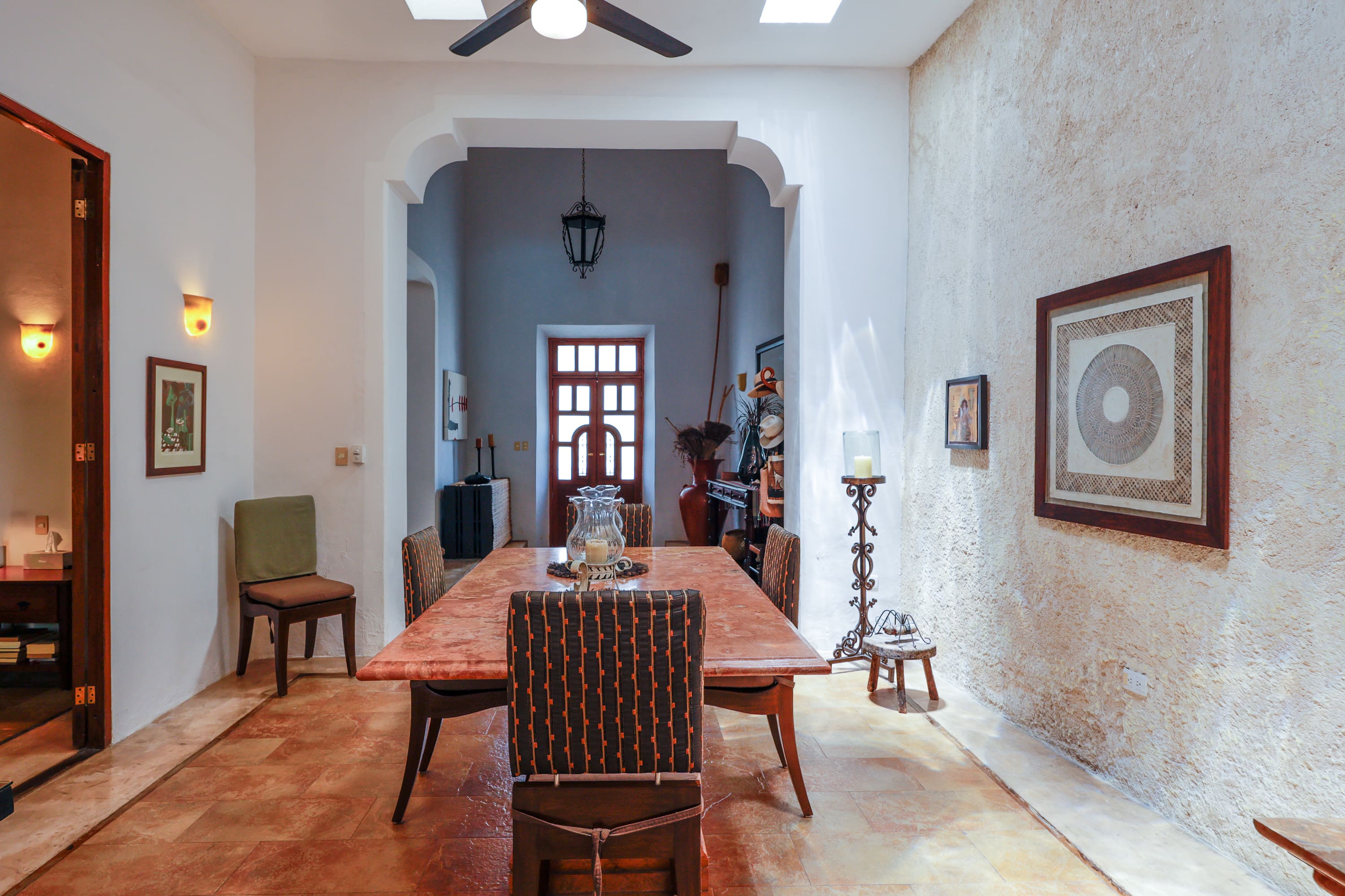 Dining room with long wooden table