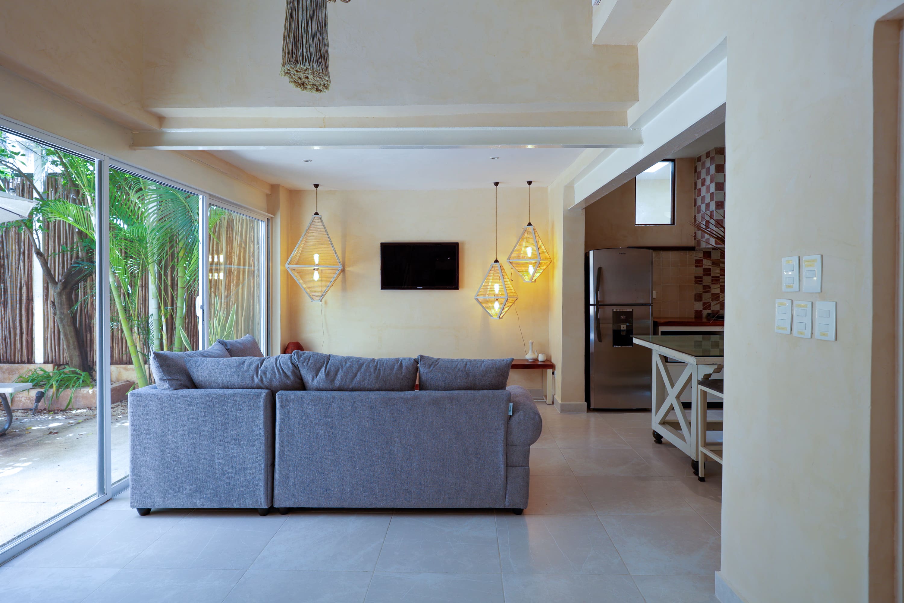 Modern living room with gray sofa and TV
